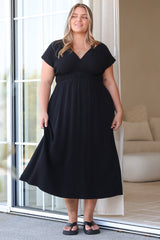 Torin Midi Dress - Gathered and Piping Detailed A-Line Dress with a V-Neckline in Black