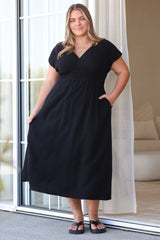 Torin Midi Dress - Gathered and Piping Detailed A-Line Dress with a V-Neckline in Black
