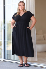 Torin Midi Dress - Gathered and Piping Detailed A-Line Dress with a V-Neckline in Black