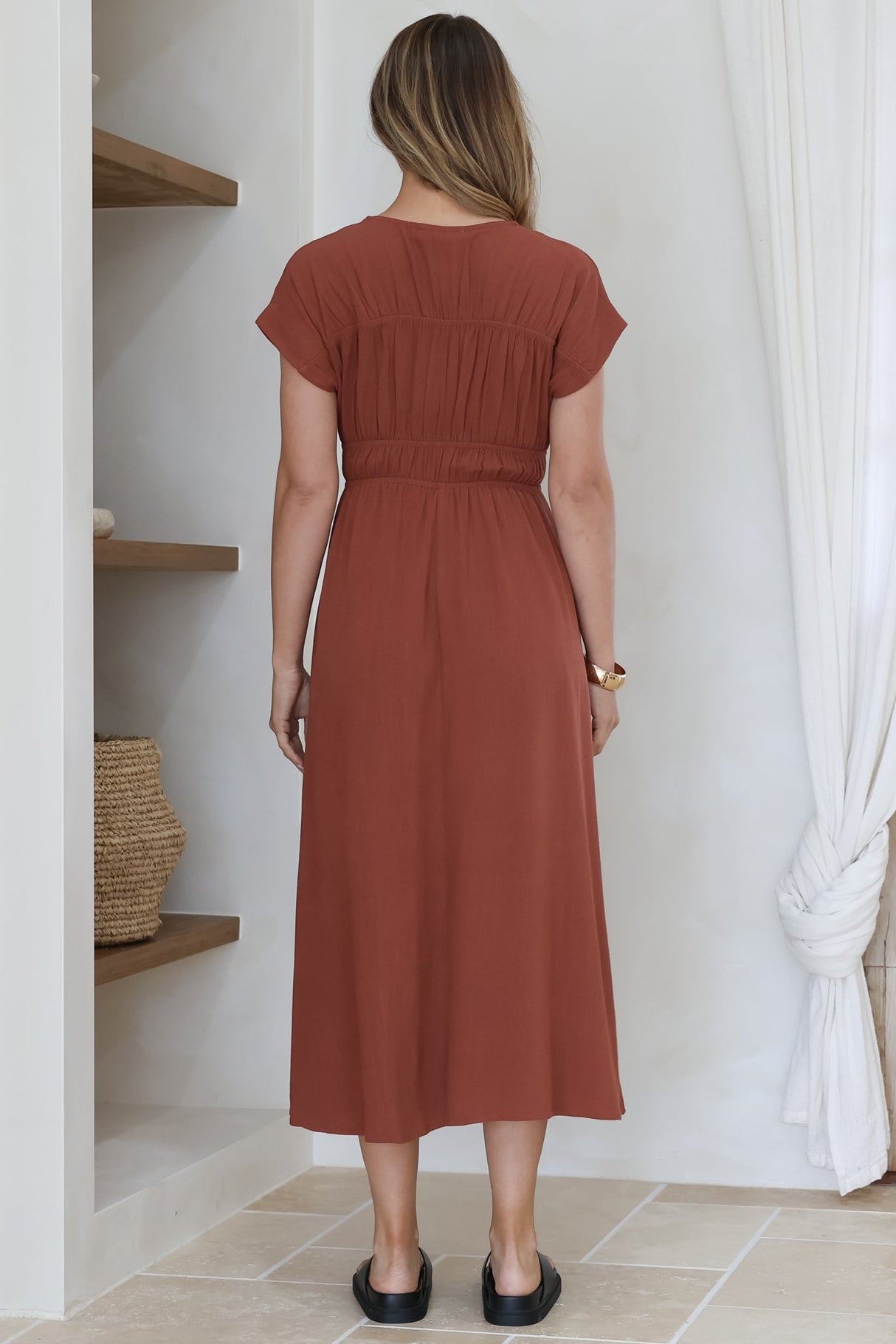 Torin Midi Dress - Gathered and Piping Detailed A-Line Dress with a V-Neckline in Rust