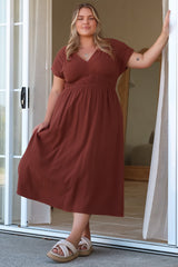 Torin Midi Dress - Gathered and Piping Detailed A-Line Dress with a V-Neckline in Rust