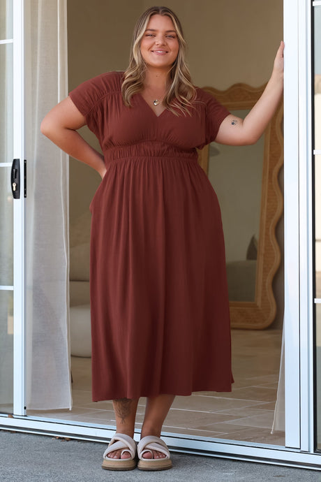 Torin Midi Dress - Gathered and Piping Detailed A-Line Dress with a V-Neckline in Rust
