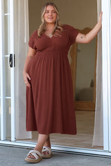 Torin Midi Dress - Gathered and Piping Detailed A-Line Dress with a V-Neckline in Rust