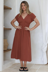 Torin Midi Dress - Gathered and Piping Detailed A-Line Dress with a V-Neckline in Rust