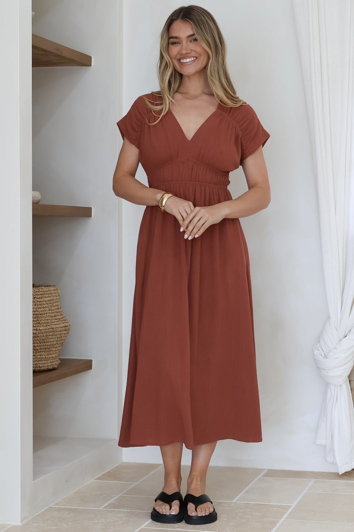 Torin Midi Dress - Gathered and Piping Detailed A-Line Dress with a V-Neckline in Rust