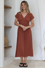 Torin Midi Dress - Gathered and Piping Detailed A-Line Dress with a V-Neckline in Rust