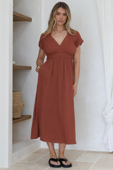 Torin Midi Dress - Gathered and Piping Detailed A-Line Dress with a V-Neckline in Rust