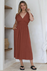 Torin Midi Dress - Gathered and Piping Detailed A-Line Dress with a V-Neckline in Rust