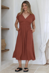 Torin Midi Dress - Gathered and Piping Detailed A-Line Dress with a V-Neckline in Rust