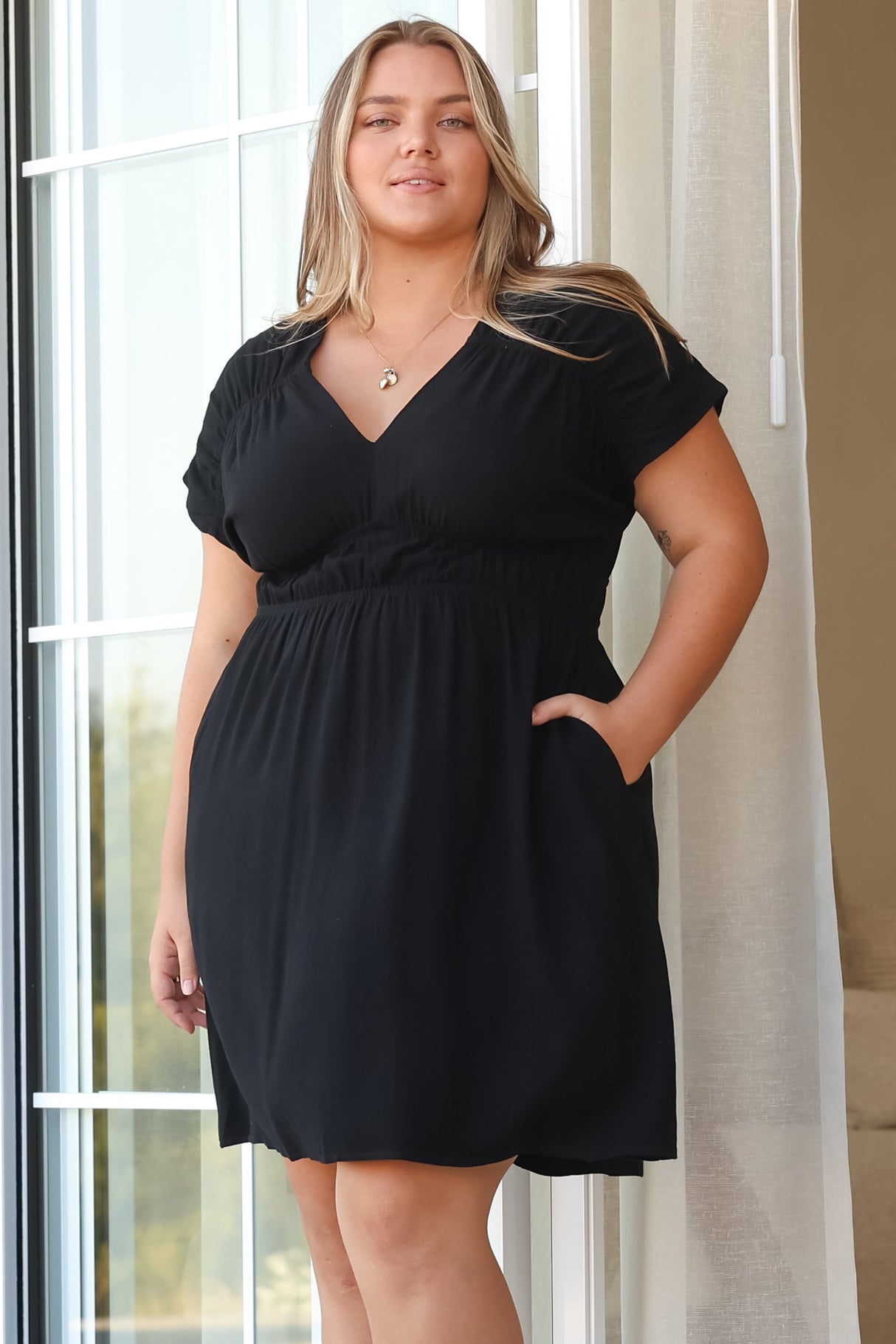 Torin Mini Dress - Flattering V-Neck A-Line Mini with Cinched Waist in Black
