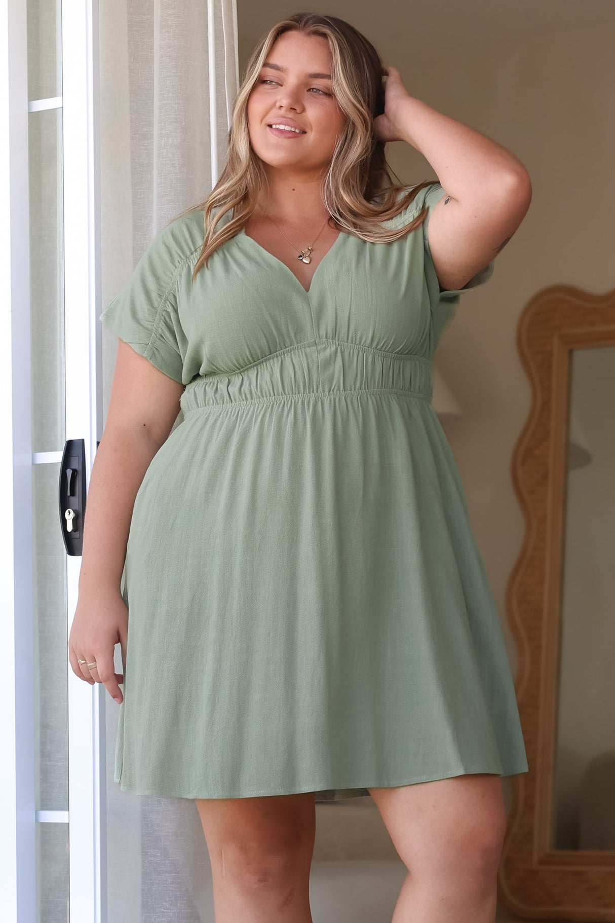 Torin Mini Dress - Flattering V-Neck A-Line Mini with Cinched Waist in Sage