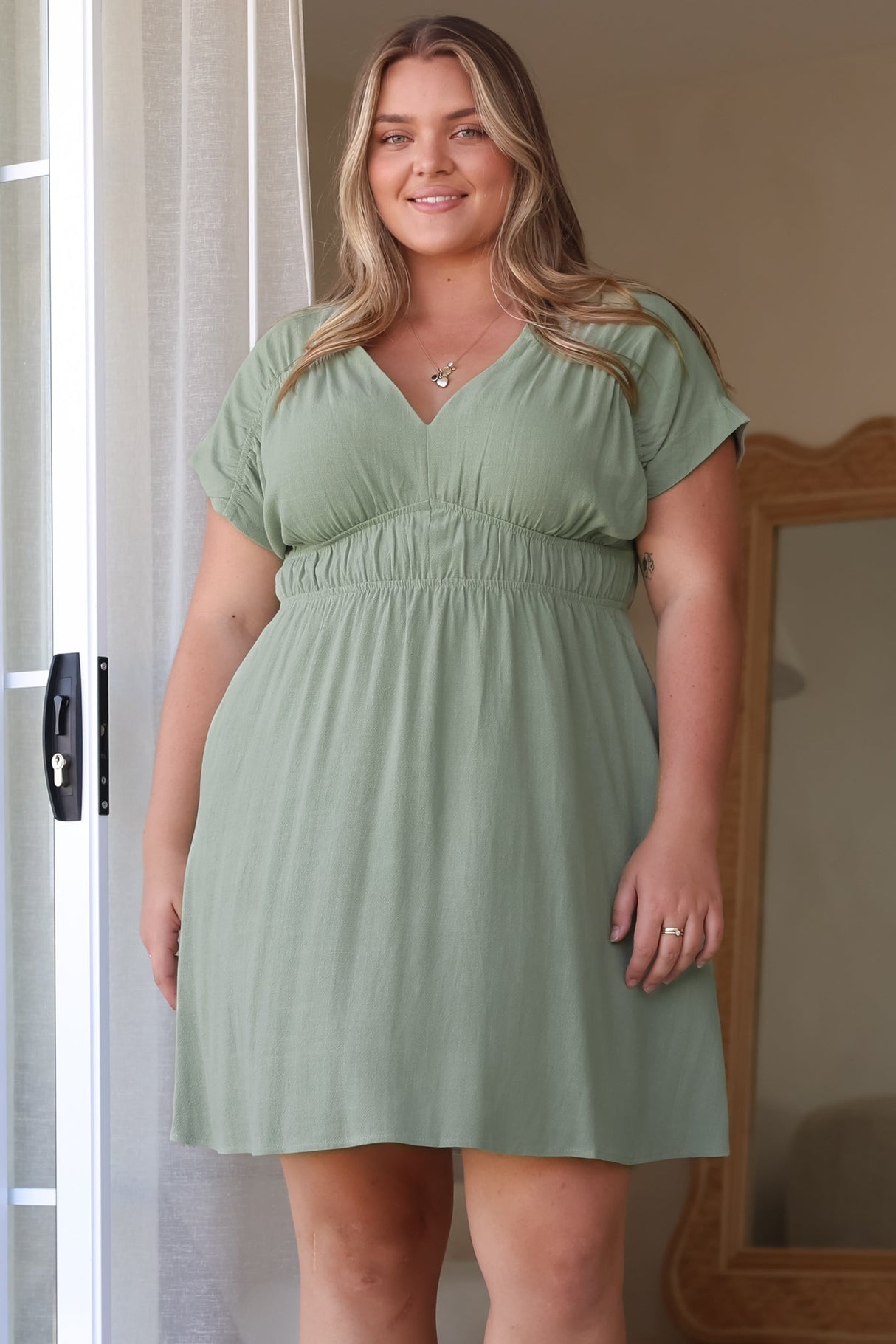 Torin Mini Dress - Flattering V-Neck A-Line Mini with Cinched Waist in Sage