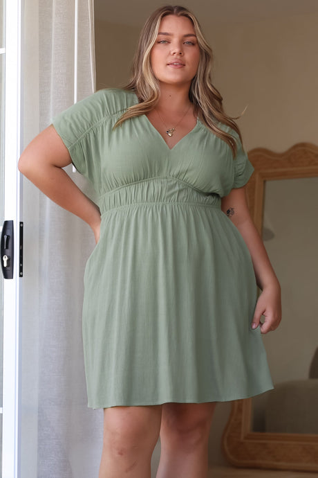 Torin Mini Dress - Flattering V-Neck A-Line Mini with Cinched Waist in Sage