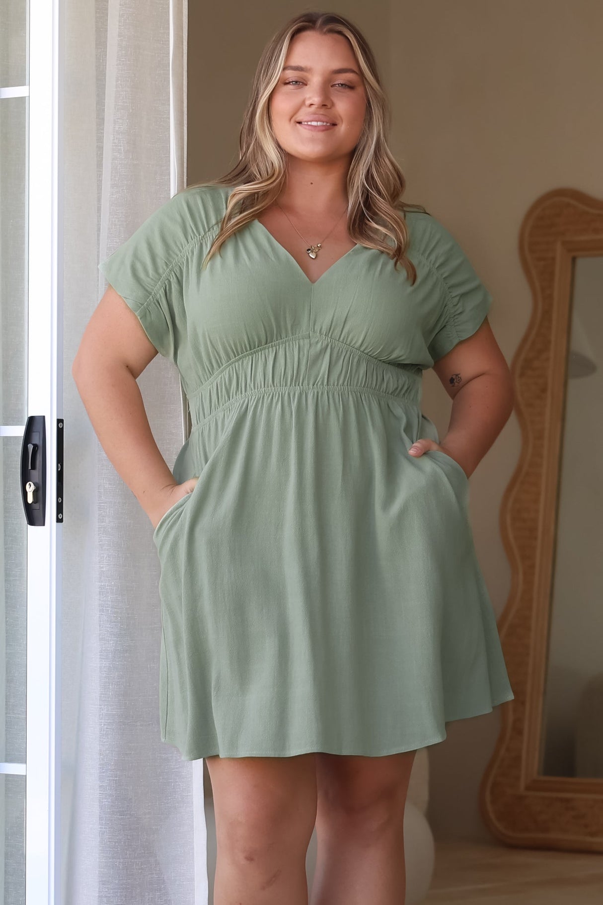 Torin Mini Dress - Flattering V-Neck A-Line Mini with Cinched Waist in Sage