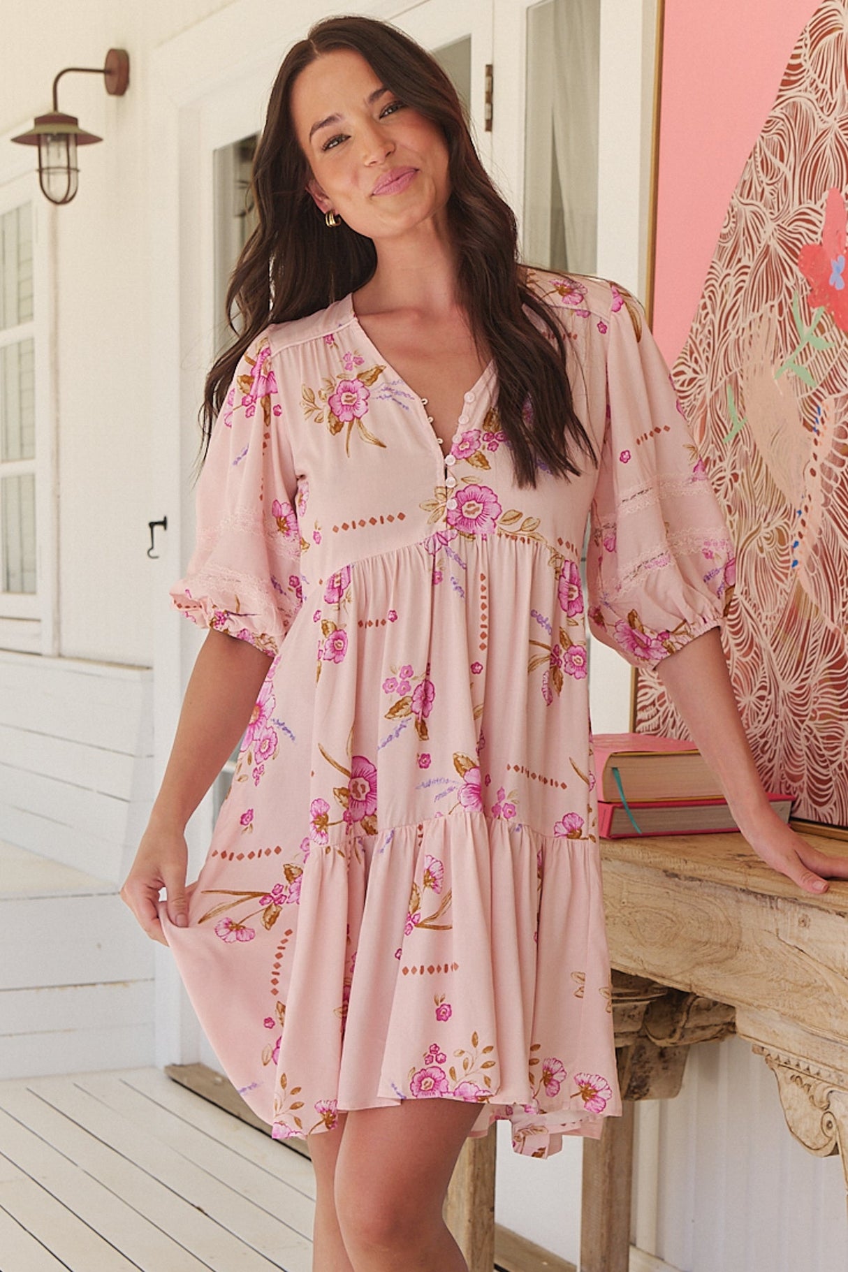 JAASE - Tracey Mini Dress: 3/4 Sleeve Dress with Waist Tie in Blushing Fields Print