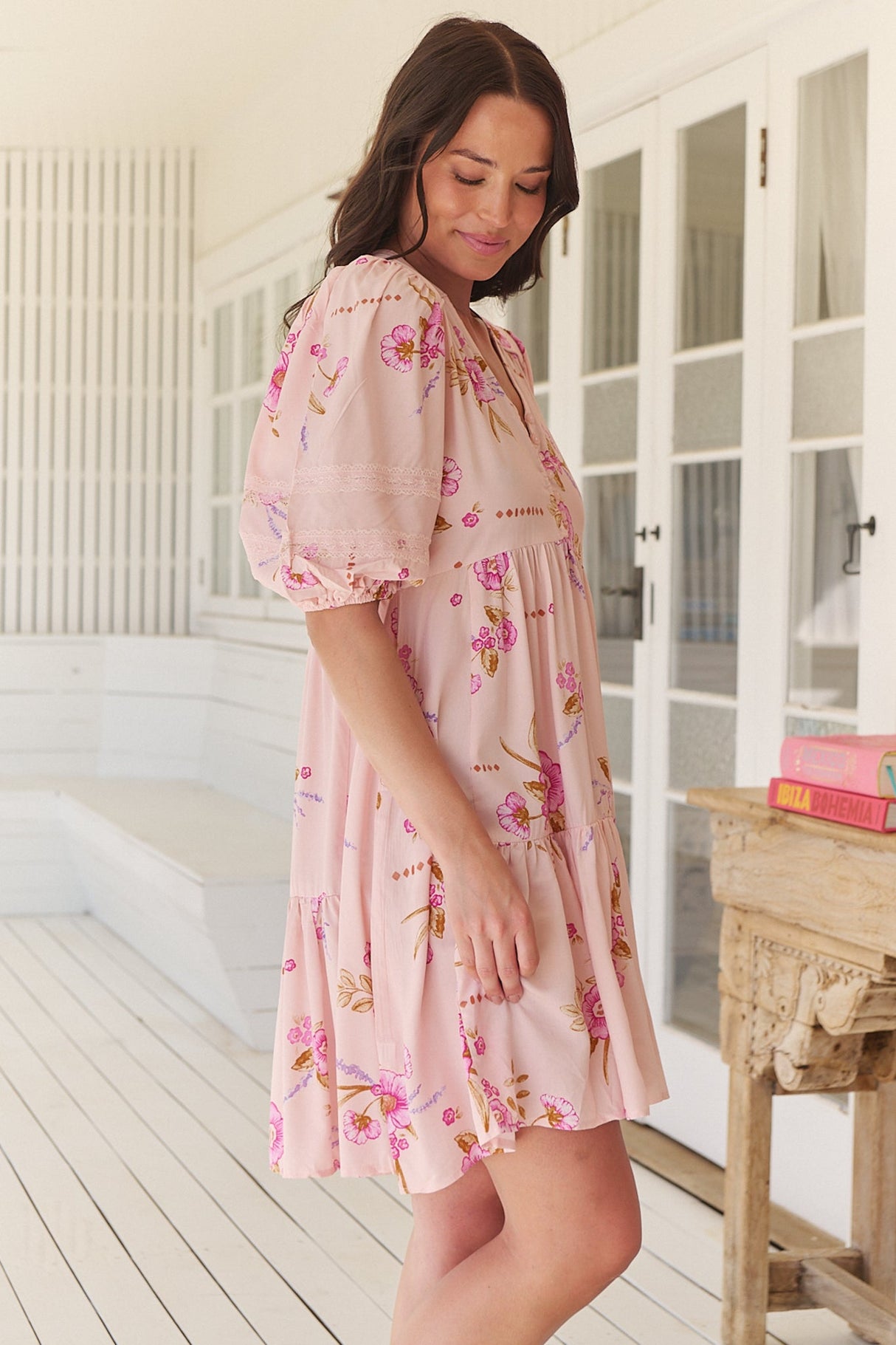 JAASE - Tracey Mini Dress: 3/4 Sleeve Dress with Waist Tie in Blushing Fields Print