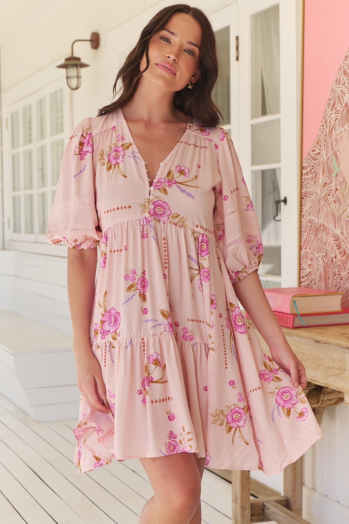 JAASE - Tracey Mini Dress: 3/4 Sleeve Dress with Waist Tie in Blushing Fields Print