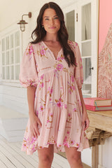 JAASE - Tracey Mini Dress: 3/4 Sleeve Dress with Waist Tie in Blushing Fields Print