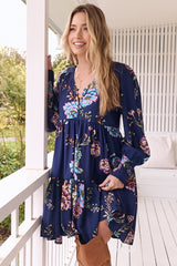 JAASE - Tracey Mini Dress: Long Ballon Sleeve Dress with Waist Tie in Botanica Print