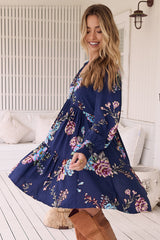 JAASE - Tracey Mini Dress: Long Ballon Sleeve Dress with Waist Tie in Botanica Print