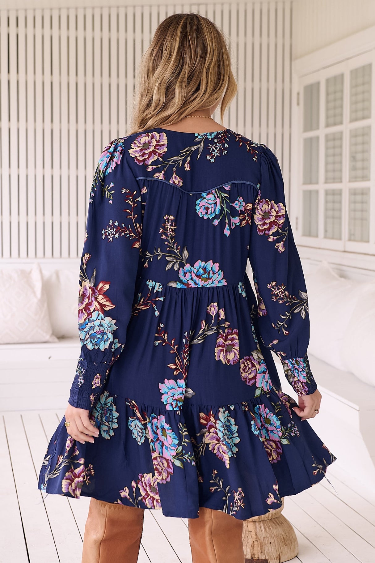 JAASE - Tracey Mini Dress: Long Ballon Sleeve Dress with Waist Tie in Botanica Print