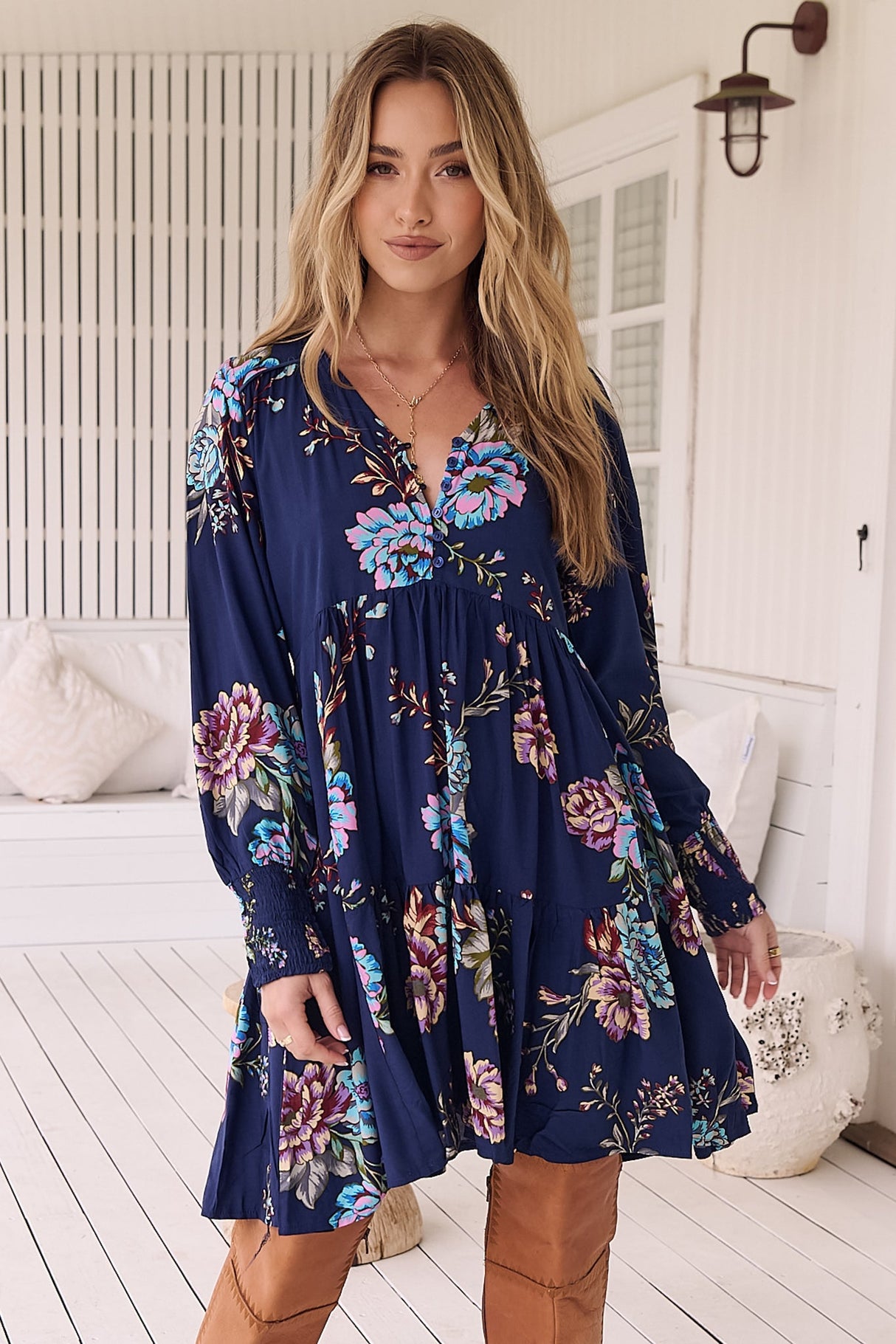 JAASE - Tracey Mini Dress: Long Ballon Sleeve Dress with Waist Tie in Botanica Print