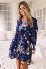 JAASE - Tracey Mini Dress: Long Ballon Sleeve Dress with Waist Tie in Botanica Print