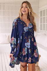 JAASE - Tracey Mini Dress: Long Ballon Sleeve Dress with Waist Tie in Botanica Print