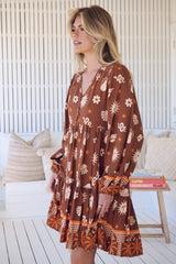 JAASE - Tracey Mini Dress: Long Ballon Sleeve Dress with Waist Tie in De La Soul Print