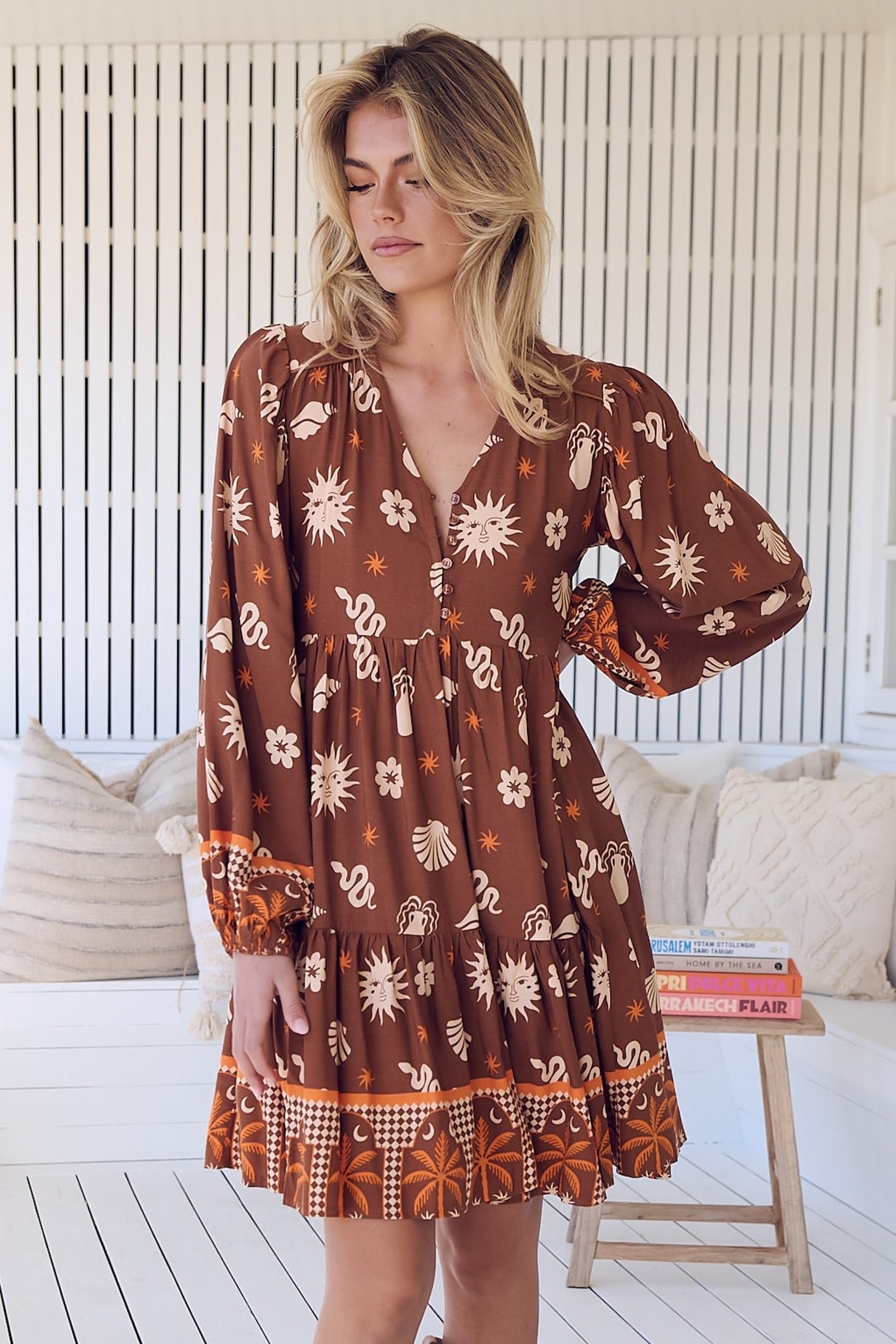 JAASE - Tracey Mini Dress: Long Ballon Sleeve Dress with Waist Tie in De La Soul Print