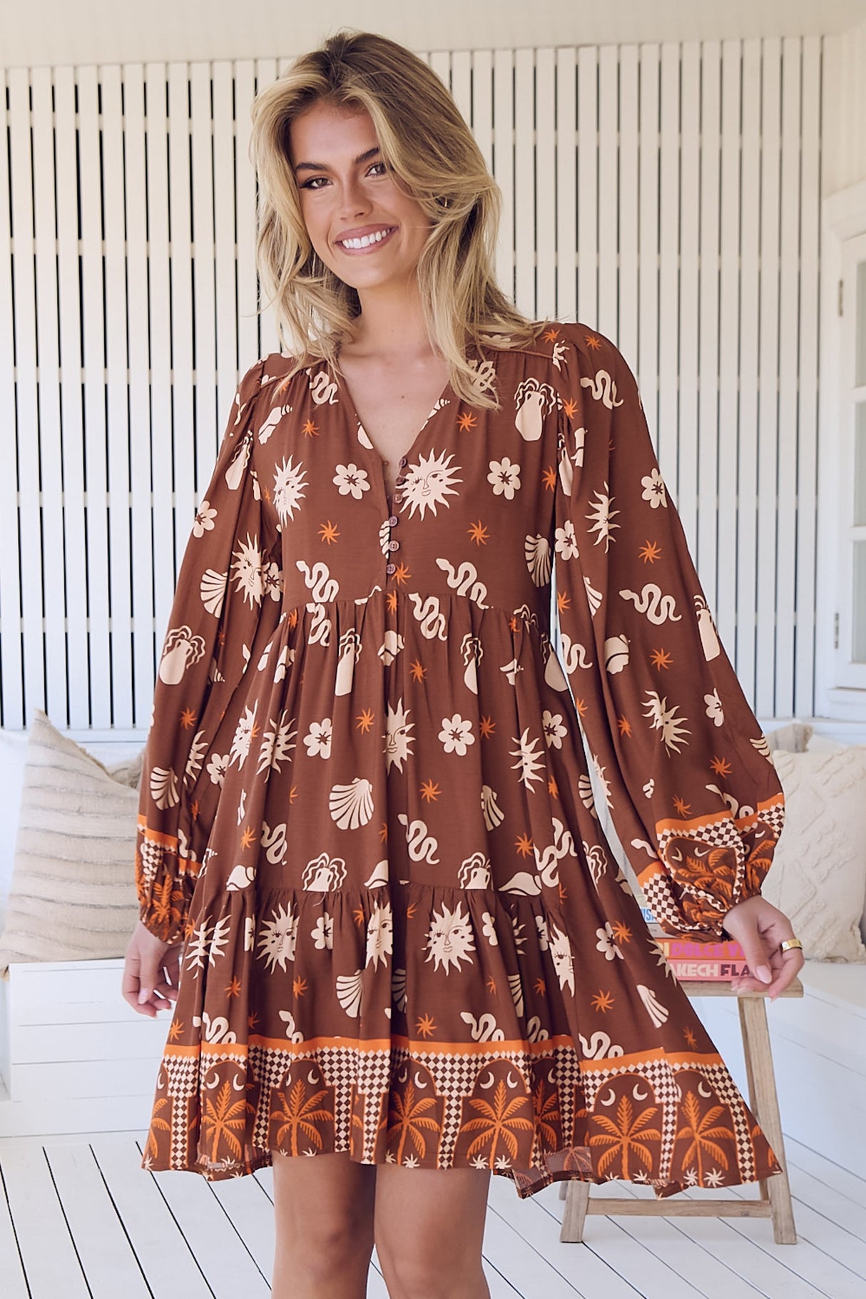 JAASE - Tracey Mini Dress: Long Ballon Sleeve Dress with Waist Tie in De La Soul Print