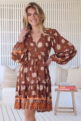 JAASE - Tracey Mini Dress: Long Ballon Sleeve Dress with Waist Tie in De La Soul Print