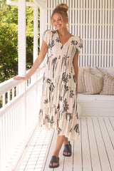 Tracey Midi Dress - Cap Sleeve Tiered Dress with Waist Tie in Serene Print