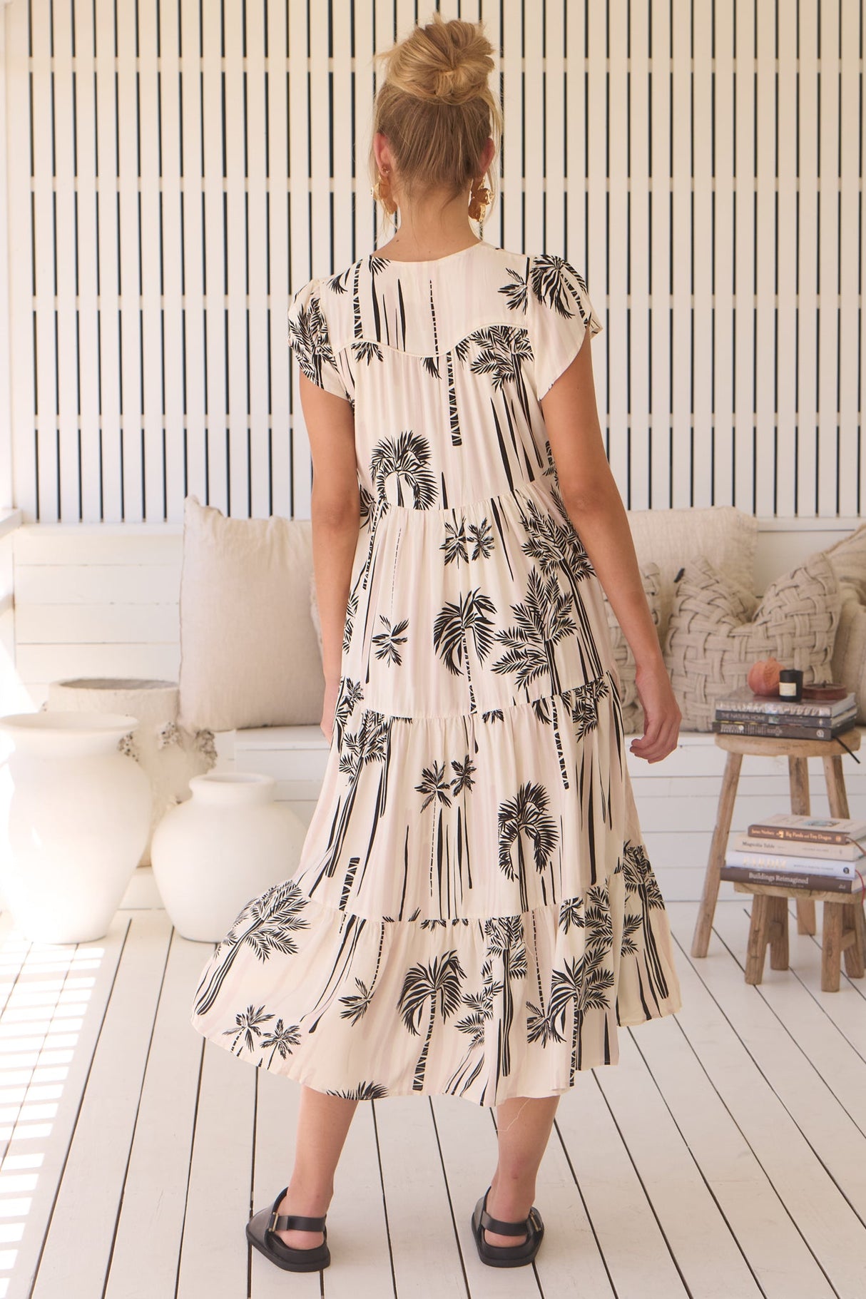 JAASE - Tracey Midi Dress: Cap Sleeve Tiered Dress with Waist Tie in Serene Print