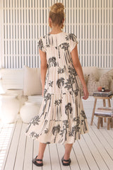 JAASE - Tracey Midi Dress: Cap Sleeve Tiered Dress with Waist Tie in Serene Print