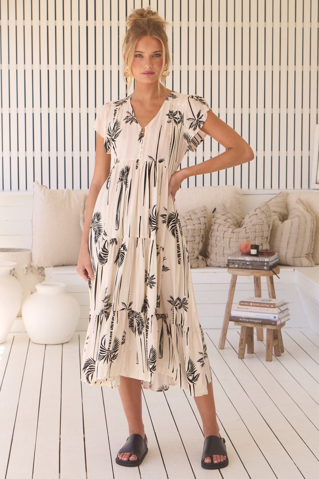 JAASE - Tracey Midi Dress: Cap Sleeve Tiered Dress with Waist Tie in Serene Print