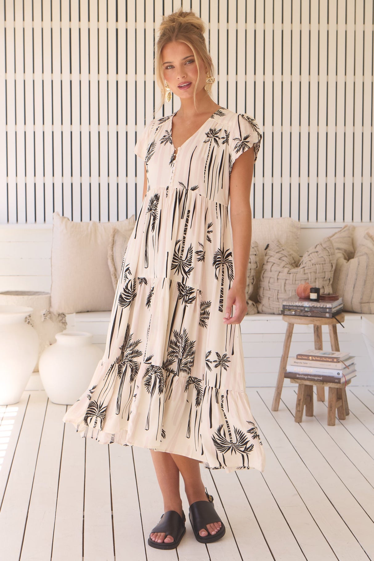 JAASE - Tracey Midi Dress: Cap Sleeve Tiered Dress with Waist Tie in Serene Print