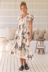 Tracey Midi Dress - Cap Sleeve Tiered Dress with Waist Tie in Serene Print