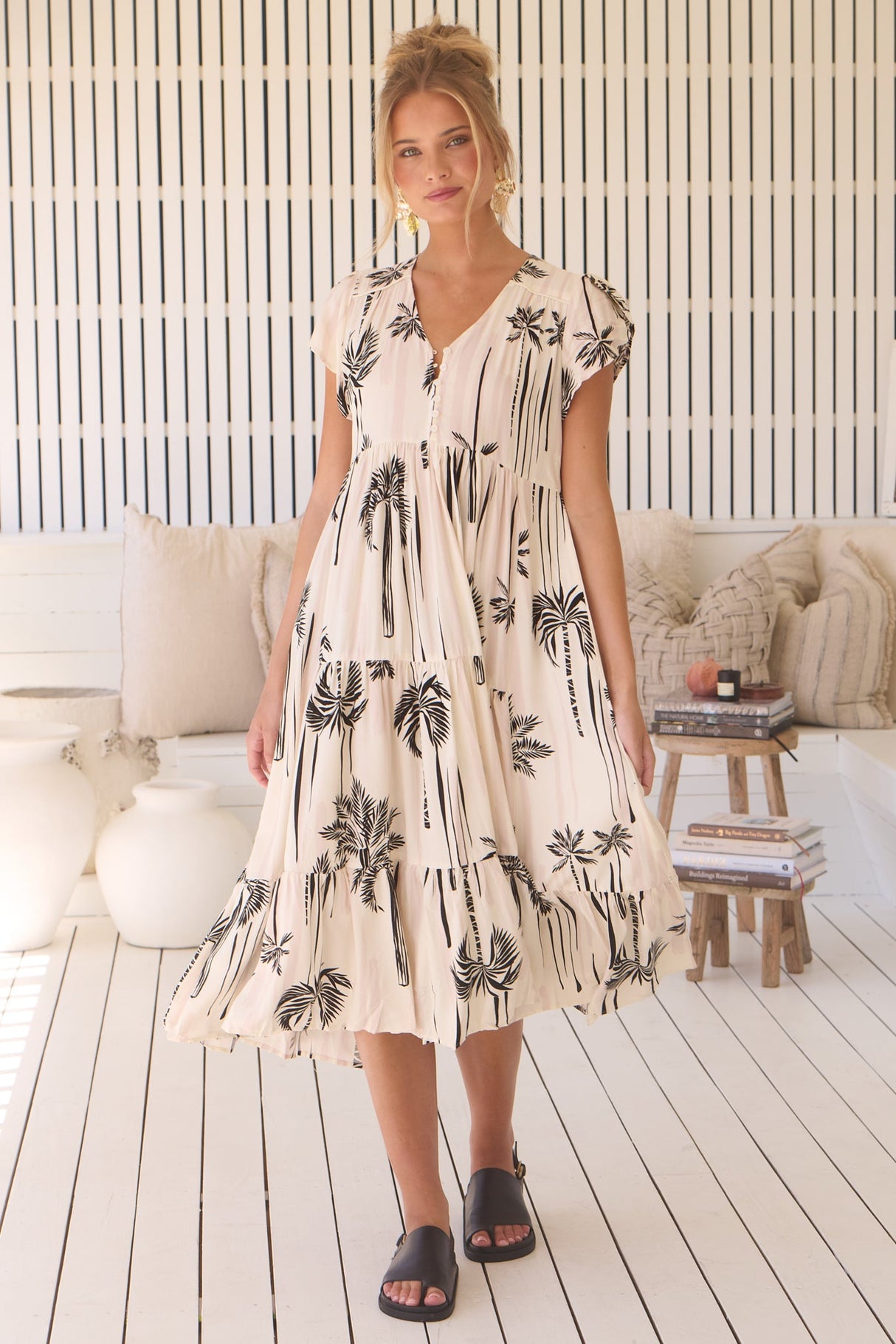 JAASE - Tracey Midi Dress: Cap Sleeve Tiered Dress with Waist Tie in Serene Print