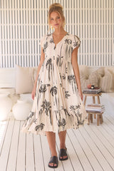 Tracey Midi Dress - Cap Sleeve Tiered Dress with Waist Tie in Serene Print