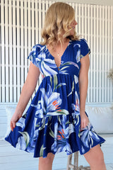 JAASE - Tracey Mini Dress: Cap Sleeve Dress with Waist Tie in Asteria Print
