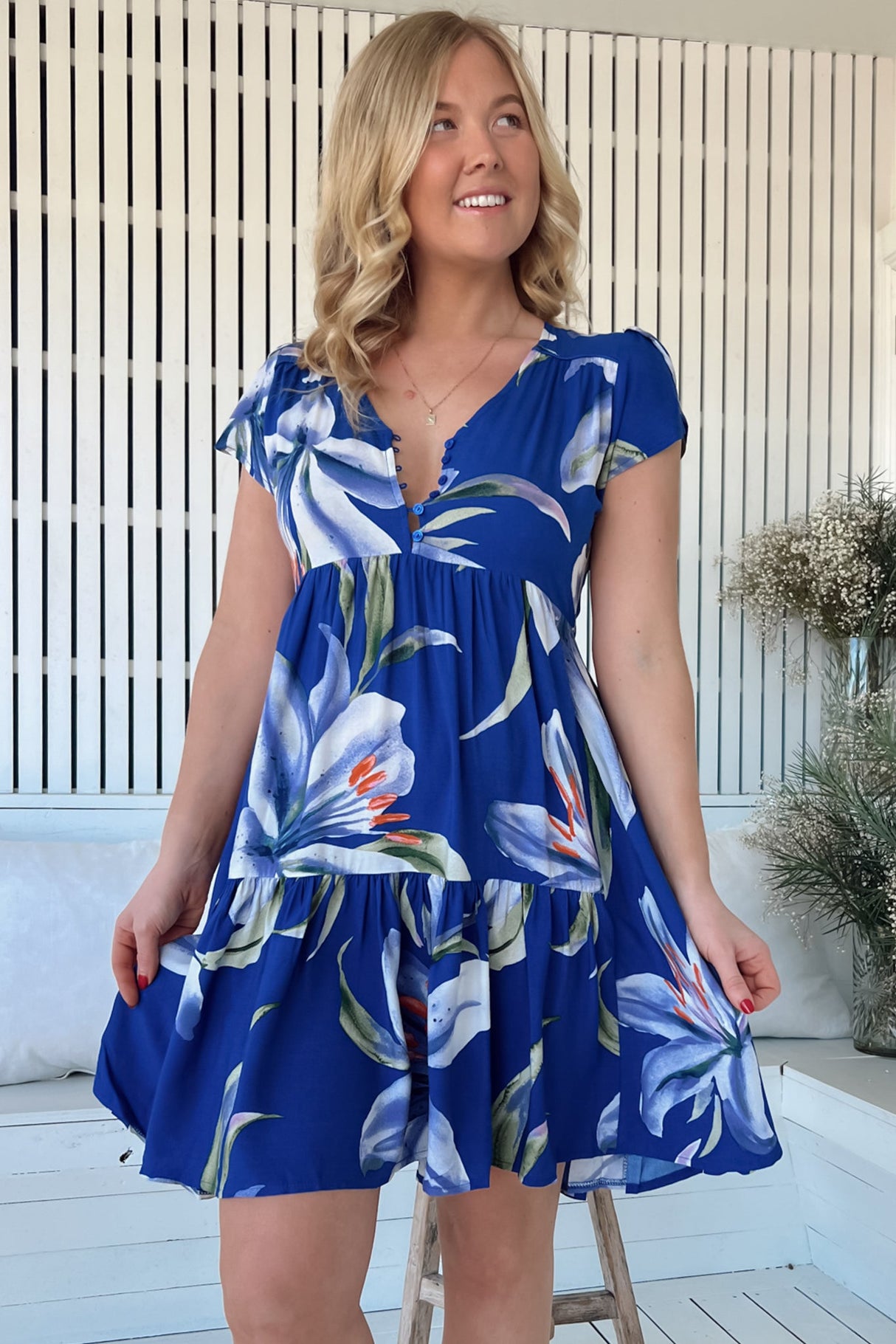JAASE - Tracey Mini Dress: Cap Sleeve Dress with Waist Tie in Asteria Print