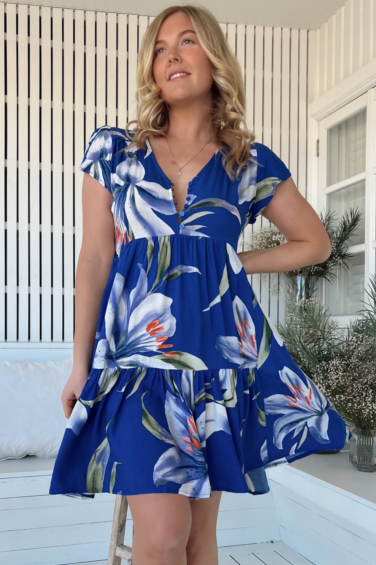 JAASE - Tracey Mini Dress: Cap Sleeve Dress with Waist Tie in Asteria Print