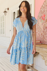 Tracey Mini Dress - Cap Sleeve Dress with Waist Tie in Floating Palms Print