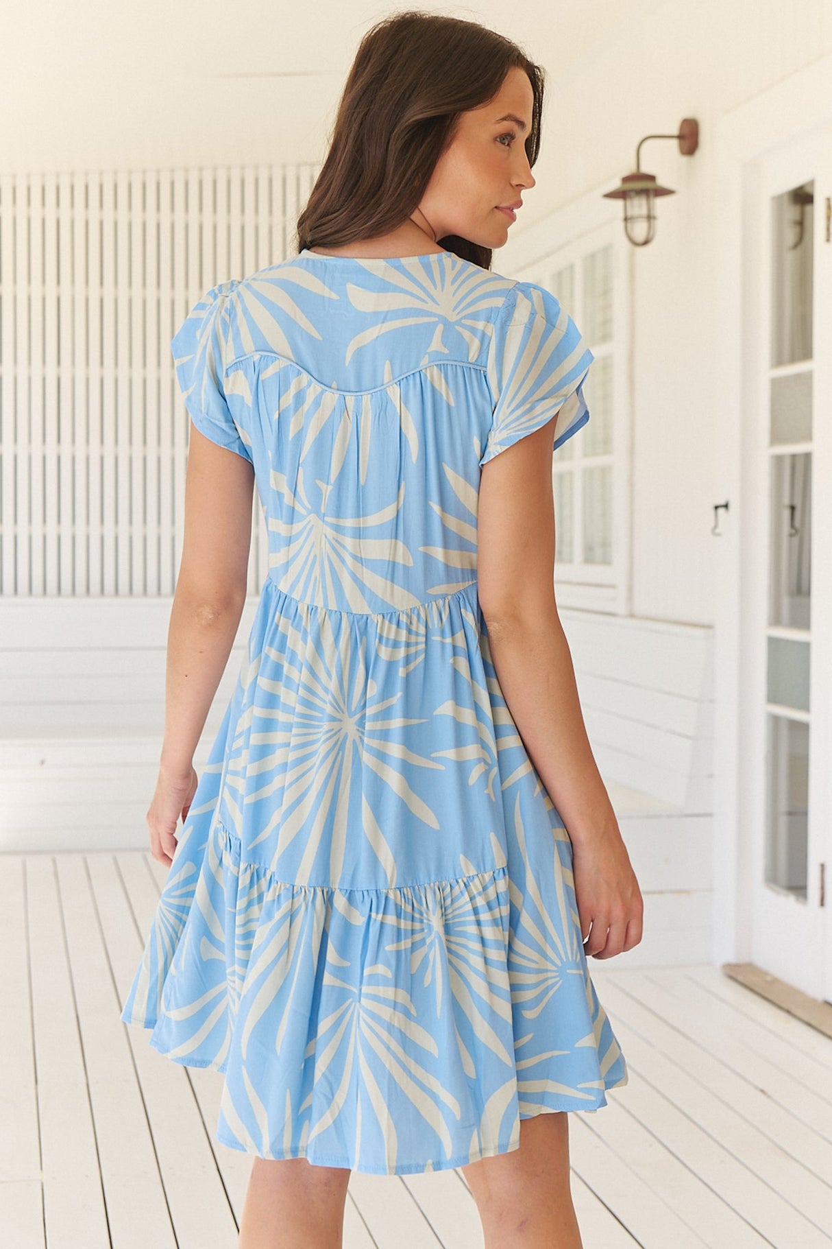 Tracey Mini Dress - Cap Sleeve Dress with Waist Tie in Floating Palms Print