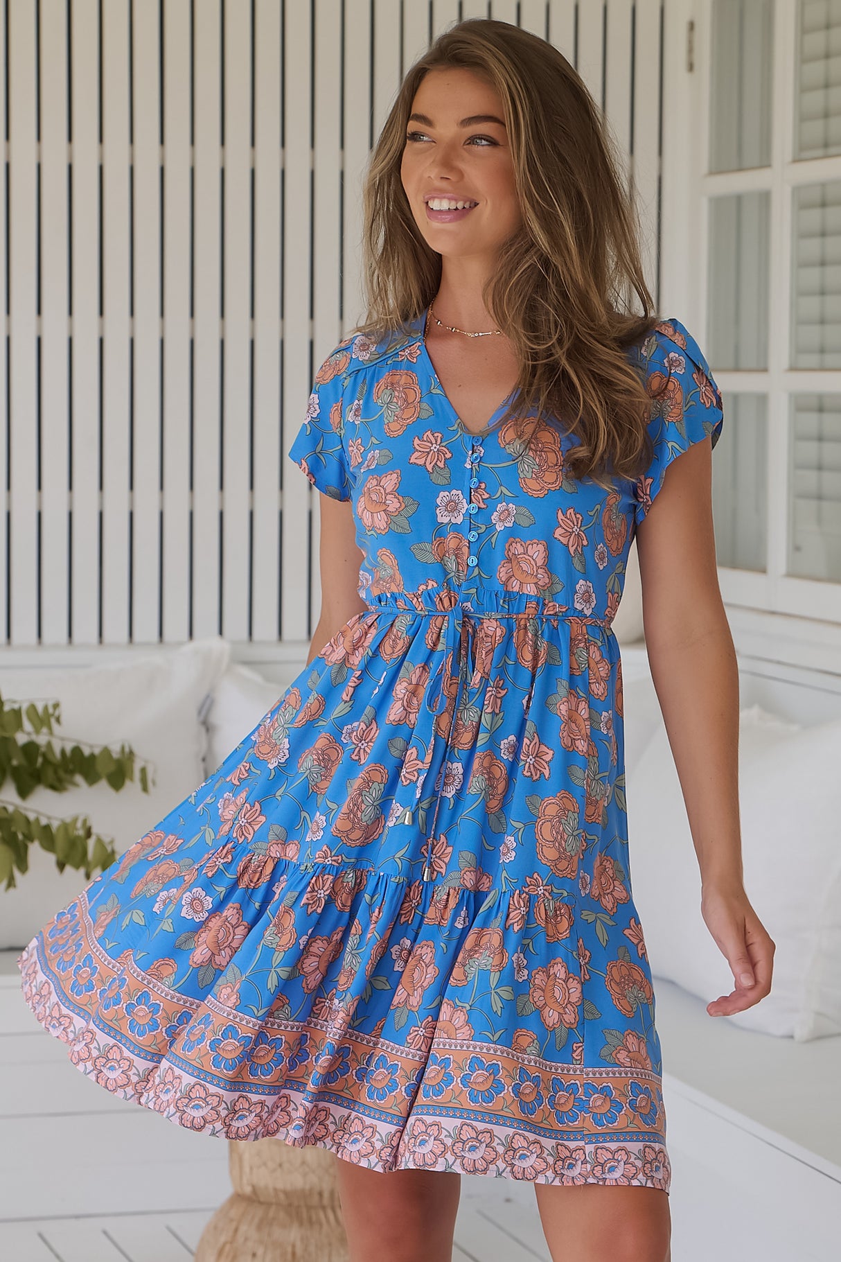 JAASE - Tracey Mini Dress: Cap Sleeve Dress with Waist Tie in Sunseeker Print