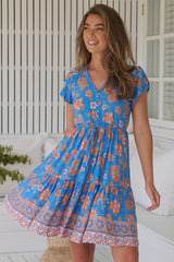 JAASE - Tracey Mini Dress: Cap Sleeve Dress with Waist Tie in Sunseeker Print