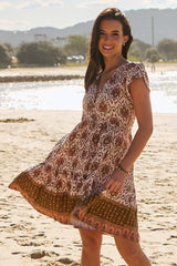 JAASE - Tracey Mini Dress: Cap Sleeve Dress with Waist Tie in Wild Gypsy Print