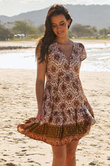 JAASE - Tracey Mini Dress: Cap Sleeve Dress with Waist Tie in Wild Gypsy Print