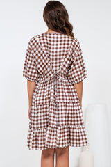 Treyshelle Mini Dress - V-Neck Puff Sleeve Tiered Dress in Gingham Brown
